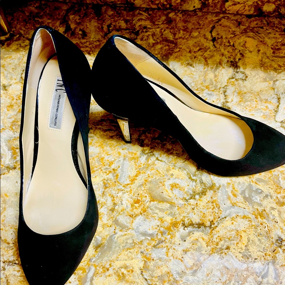 INC SUEDE BLACK with metallic silver HEELS